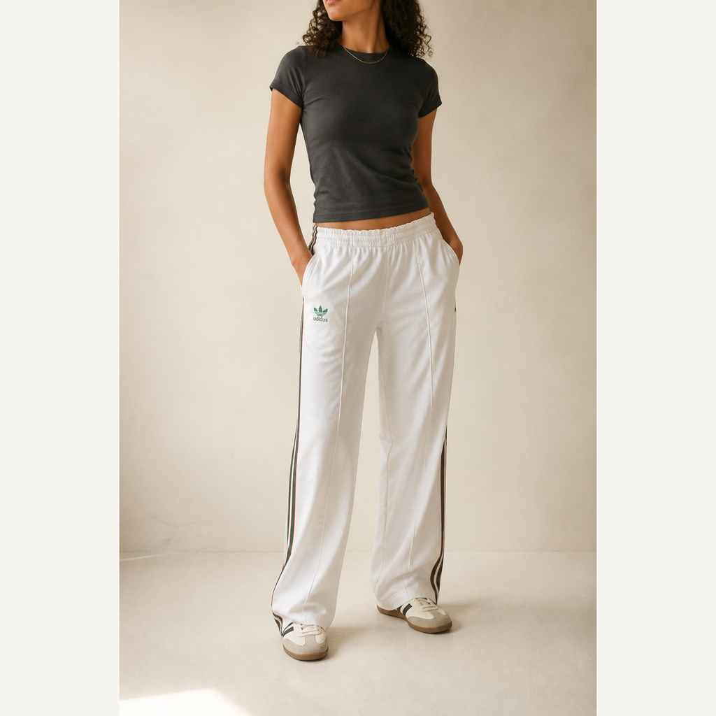 OCG-0001 AI-styled lifestyle image — Adidas Track Pants — White / Green / Red